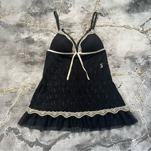 Vintage Linea Donatella y2k sheer black lace mini slip dress with beige trim 🖤